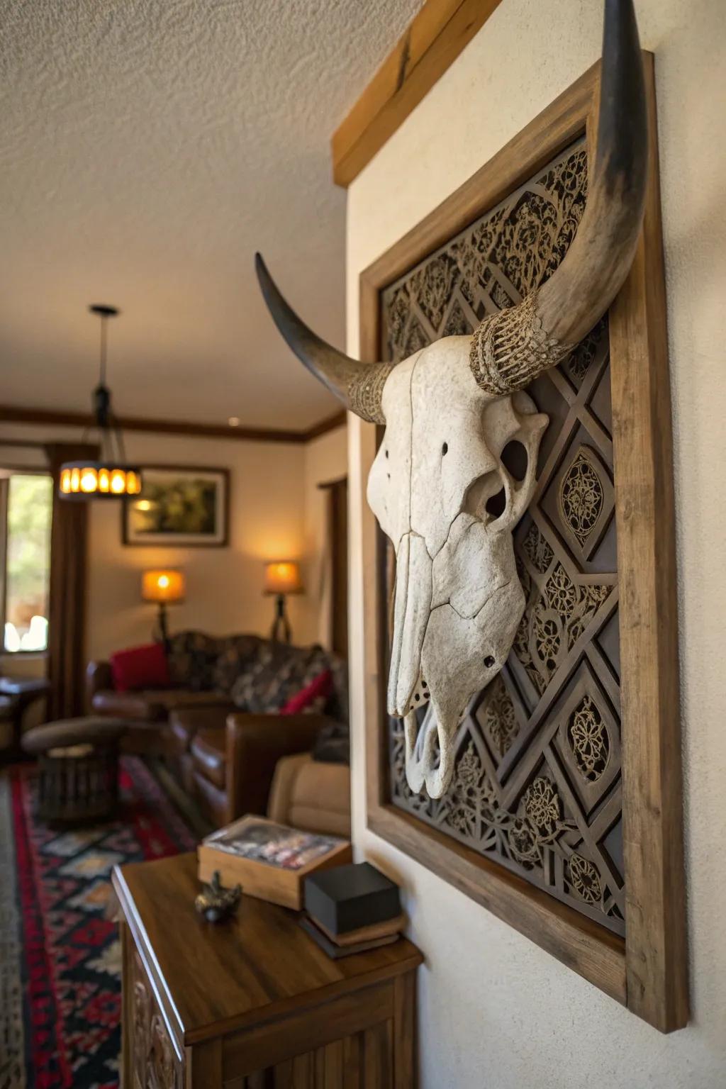 Finely carved bovine skull as a focal point on a wall.