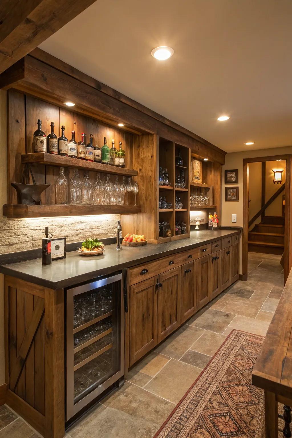 Infuse warmth into your wet bar with reclaimed wood, creating an inviting and personal haven.