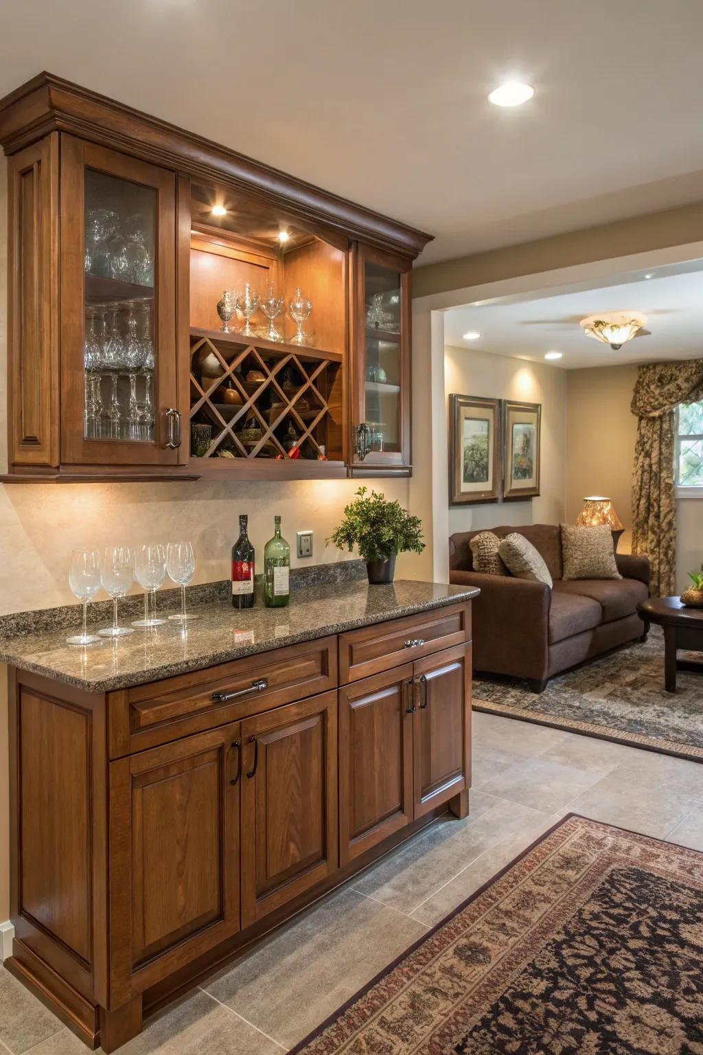 Maximize limited spaces with a corner wet bar.