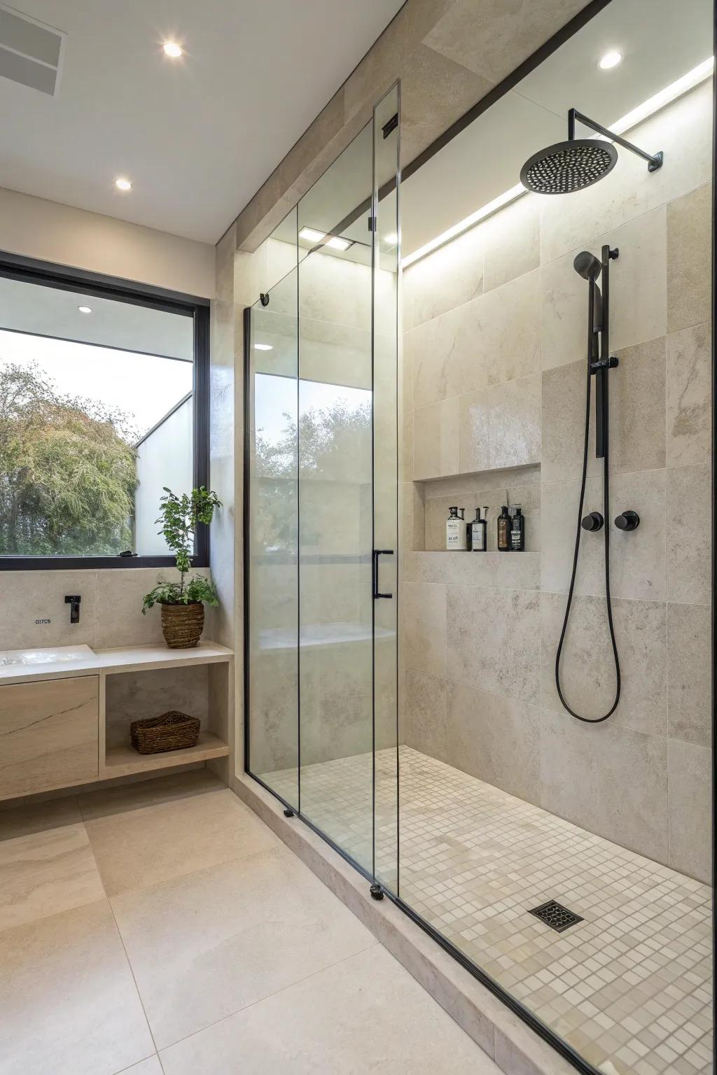 A streamlined walk-in shower that epitomizes modern refinement.