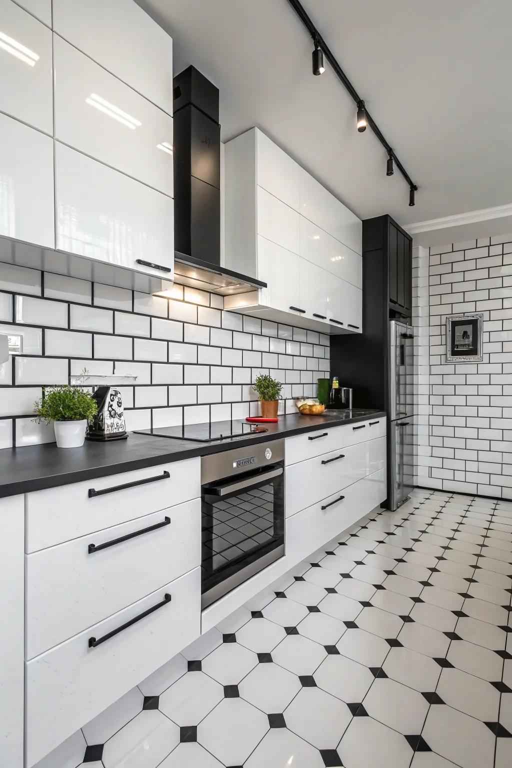 Create a stunning effect with midnight cement beside white tiles.