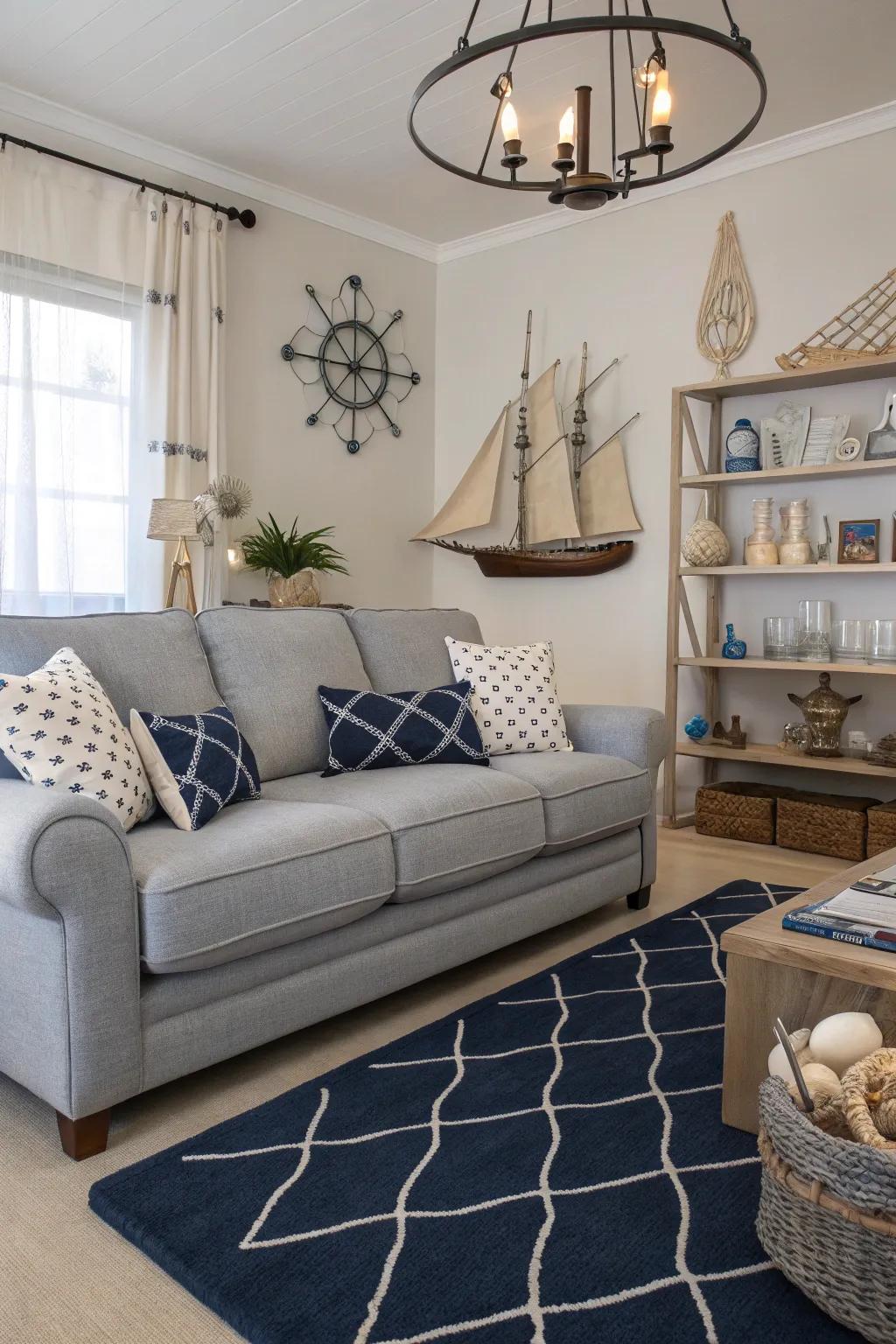 Ocean blue rugs deliver a striking and refined contrast to grey couches.