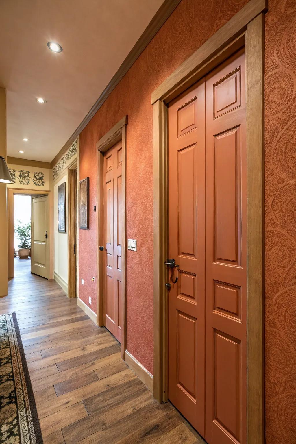 Warm, earth-inspired tones on doors foster an inviting environment.