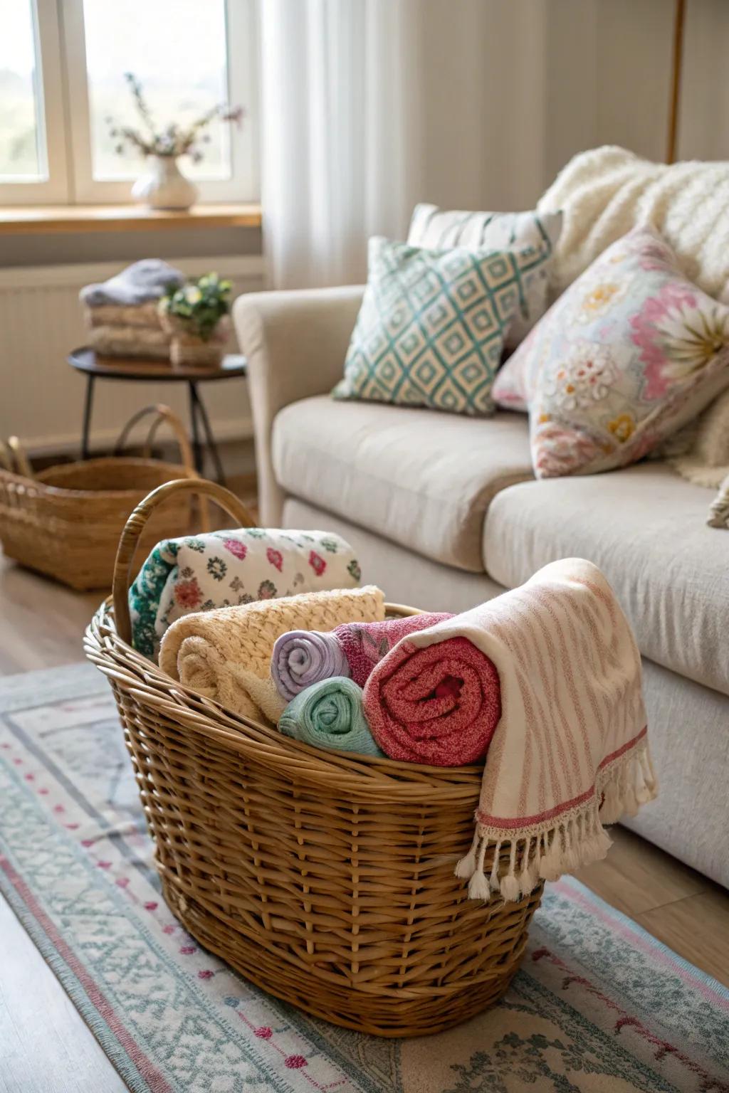 A container filled with snug blankets enriches the living space with added warmth and richness.