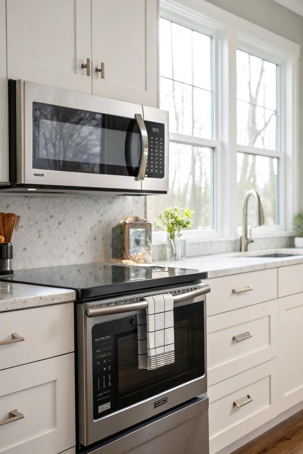 Positioning a speed oven over the cooktop adds both flair and usefulness.