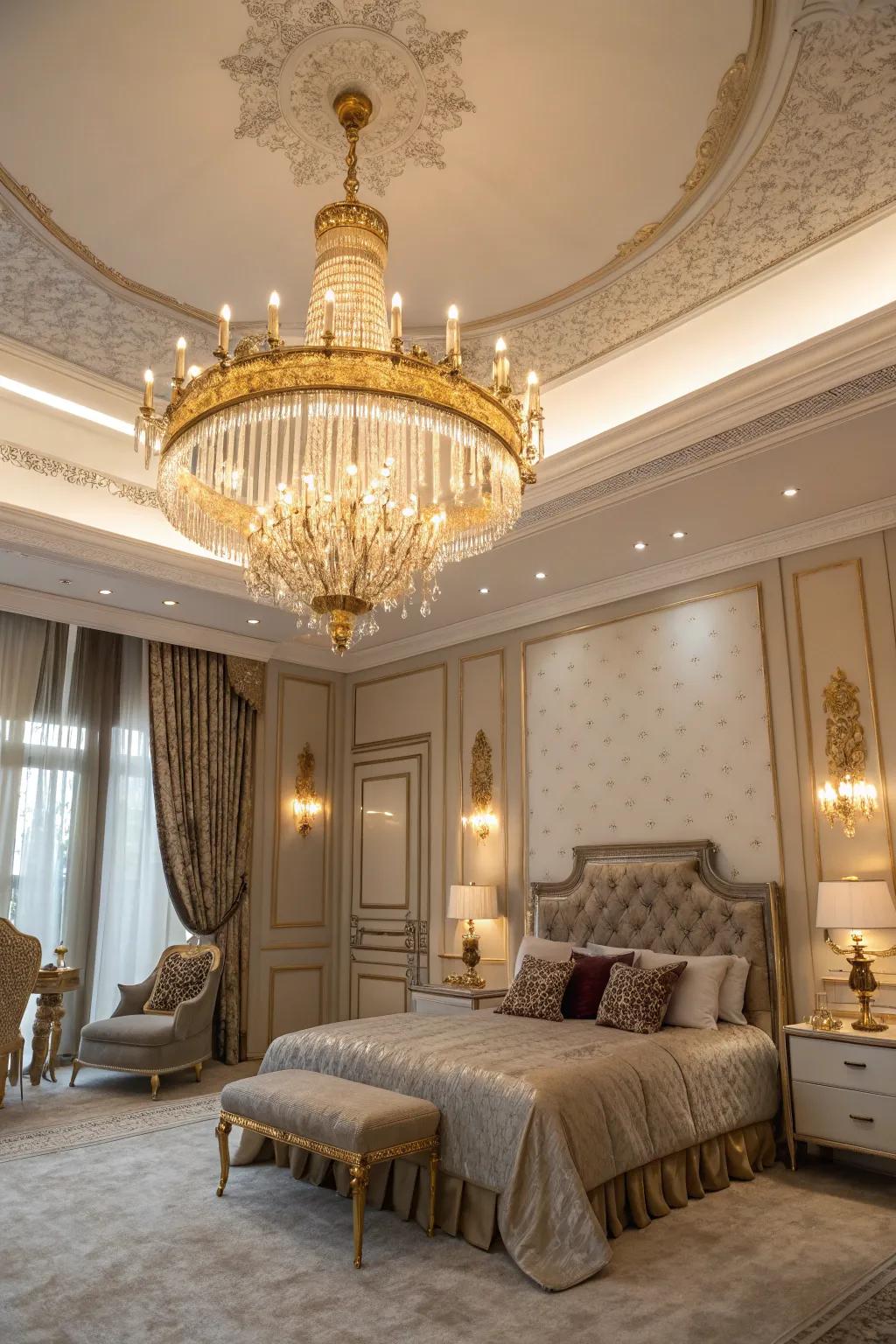 A sensation of warmth and luxury is evoked by a gold chandelier.