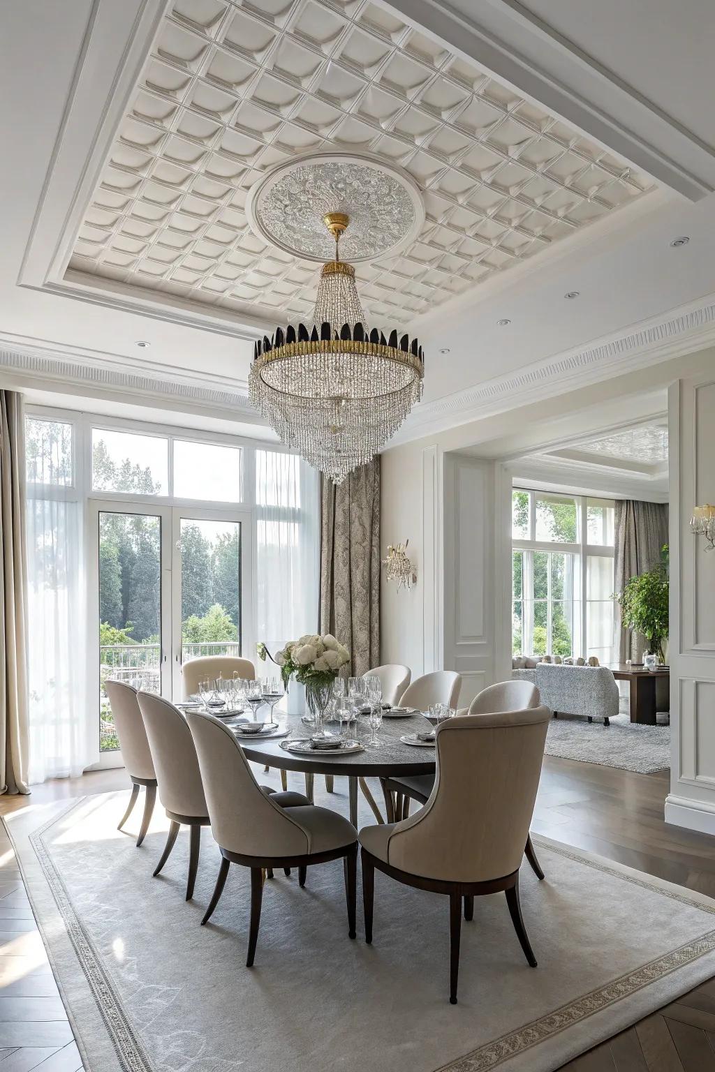 A dining area featuring a white ceiling, delivering the quintessential backdrop for an impressive chandelier.