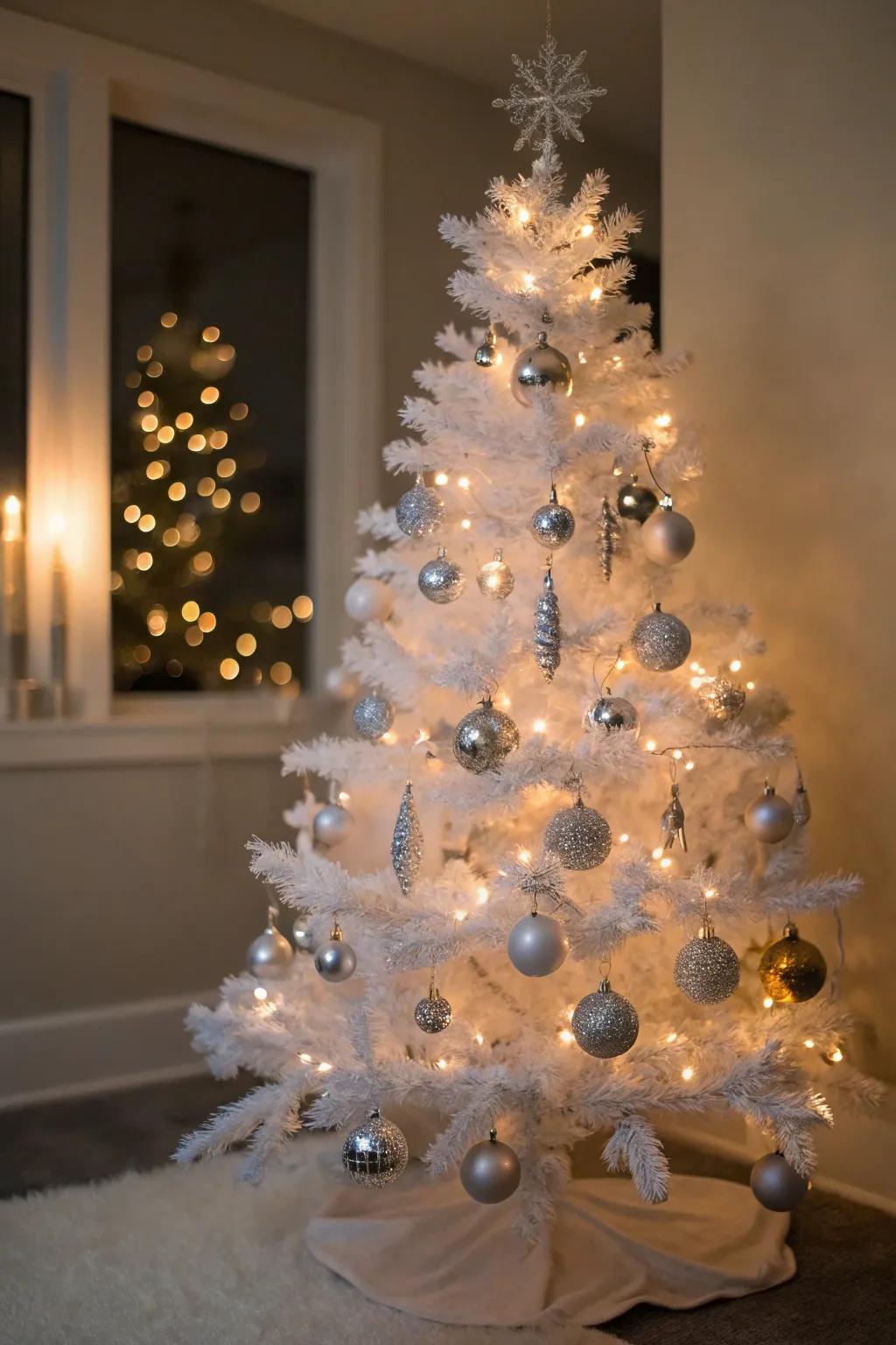 Sophisticated silver and metallic embellishments on a white tree.
