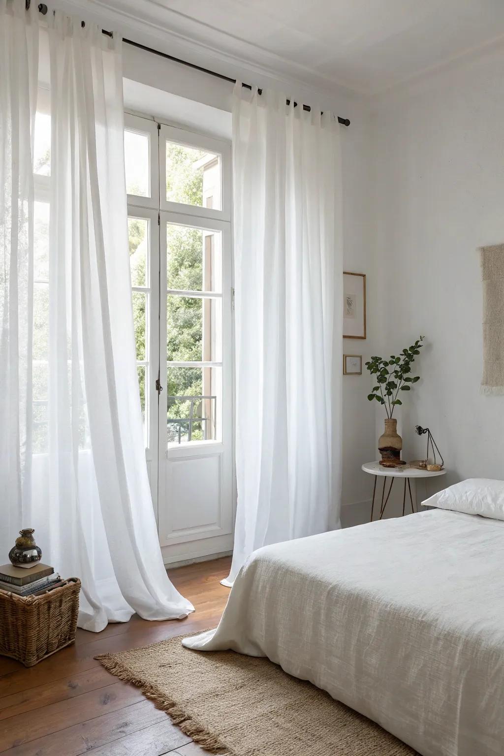 A minimalist bedroom showcasing pale drapes and a straightforward design theme.