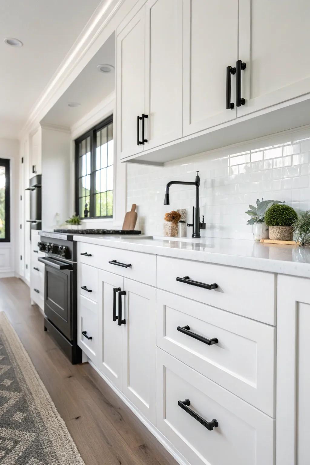 Striking dark onyx fixtures provide a daring contrast to ivory cabinets.