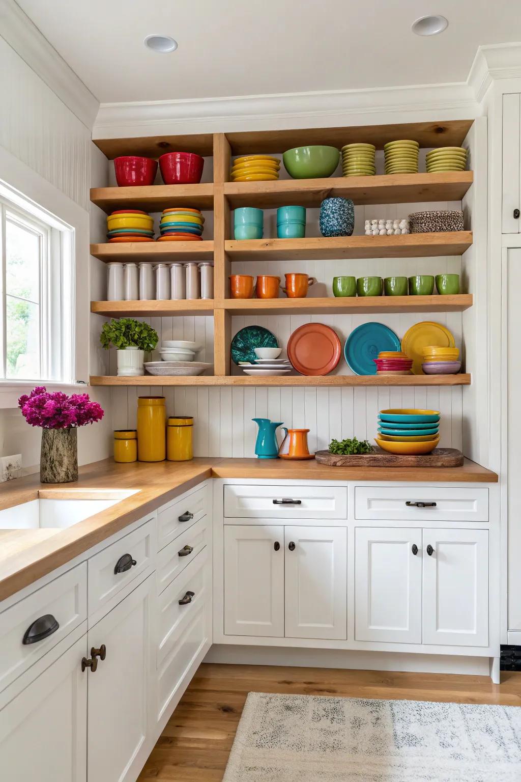 Uncovered shelves infuse personality and warmth into white kitchen cabinets.