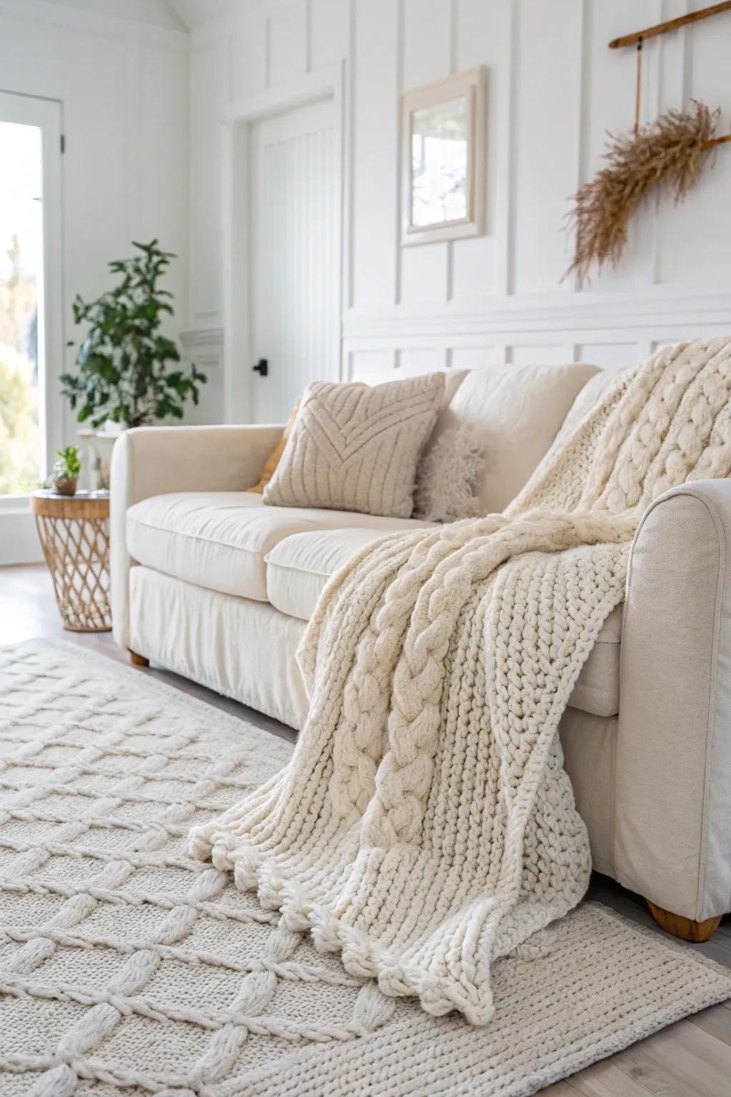 Varied textures contribute warmth and dimension to a white room.