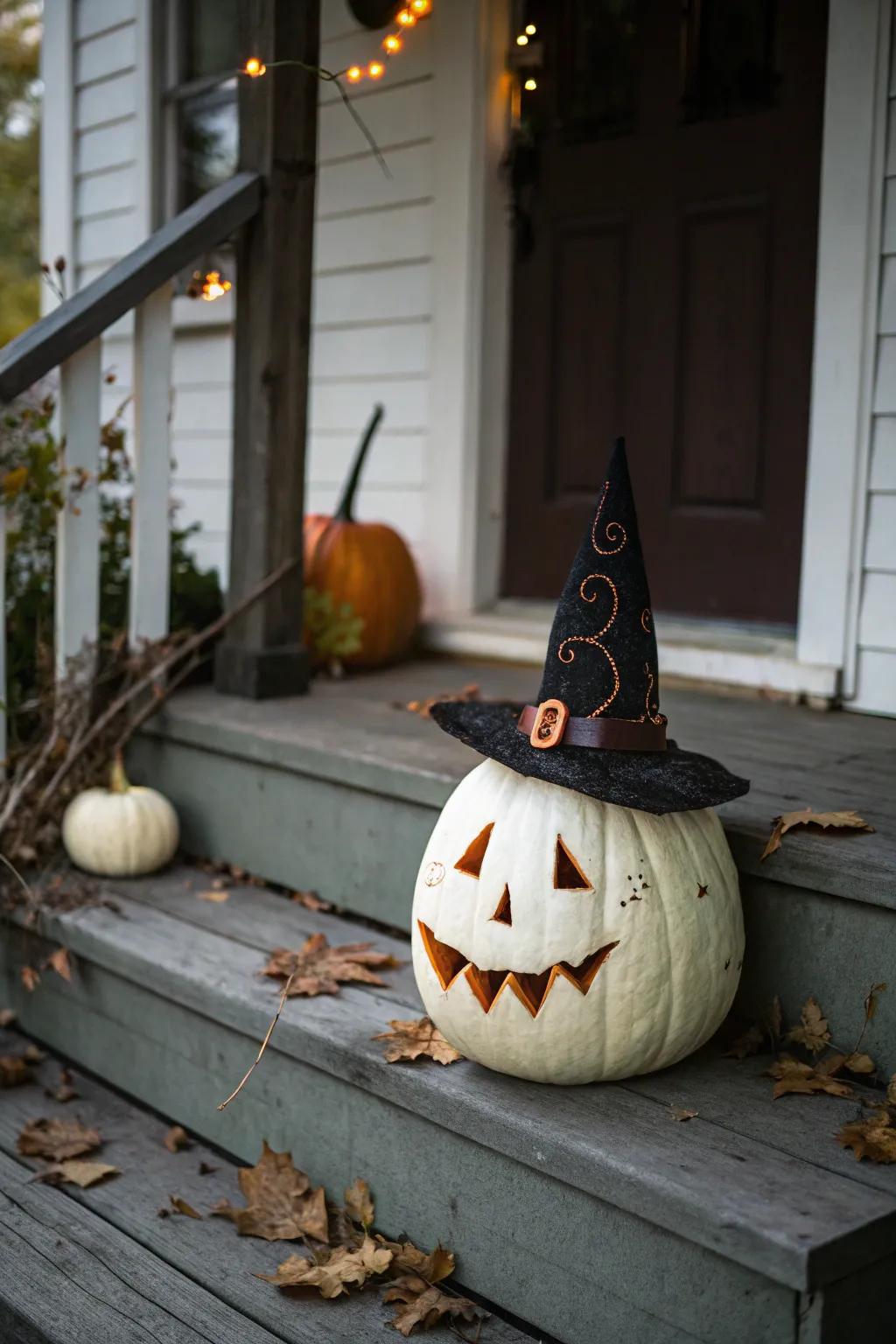 A charming personalized pumpkin with a sorceress's hat, all set to captivate visitors.