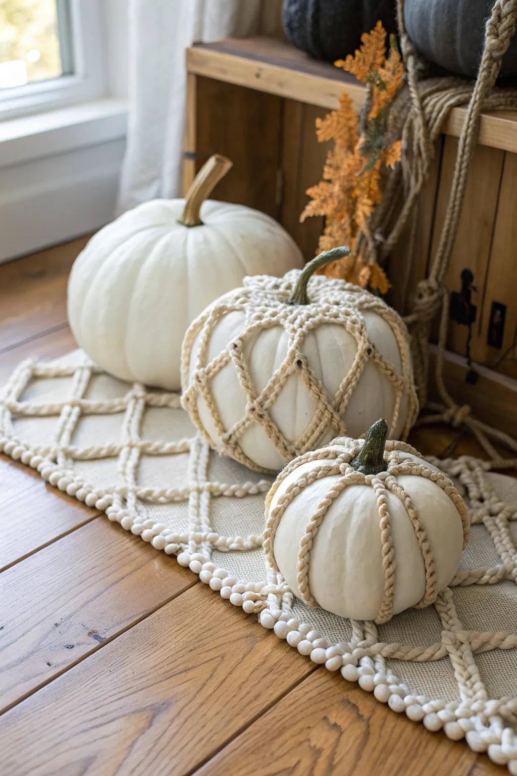 Pumpkins wrapped in boho-inspired macramé.