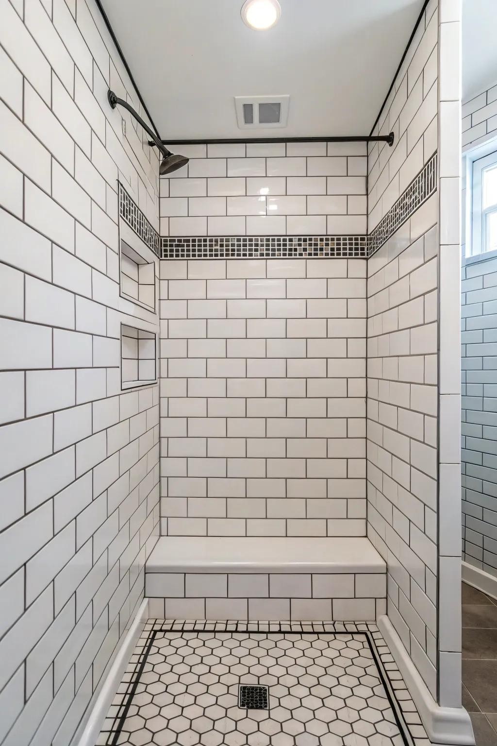 Classic white brick tiles in a shower complemented by striking grout lines.