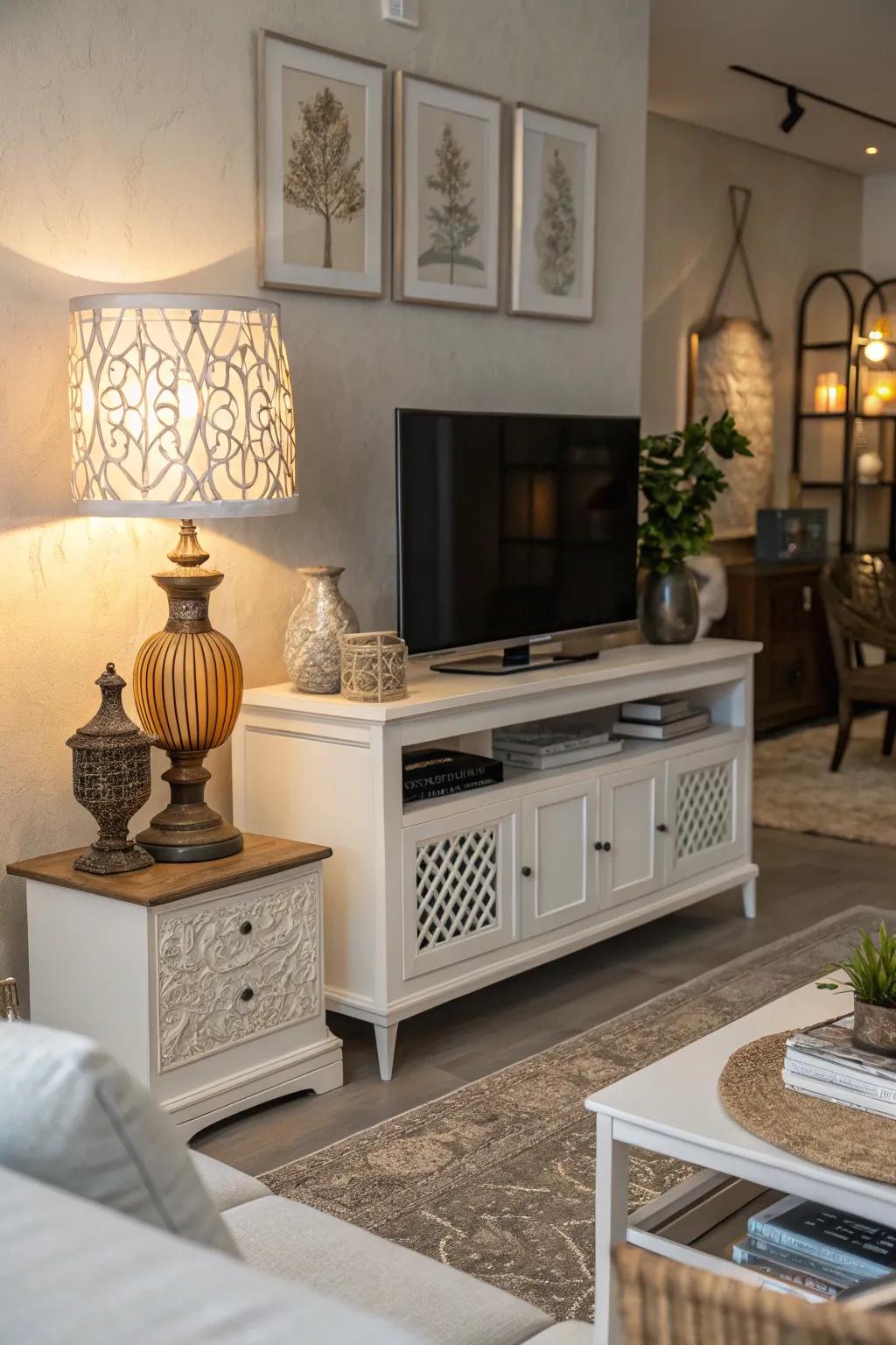 Develop ambiance through an elegant lamp on your TV stand.