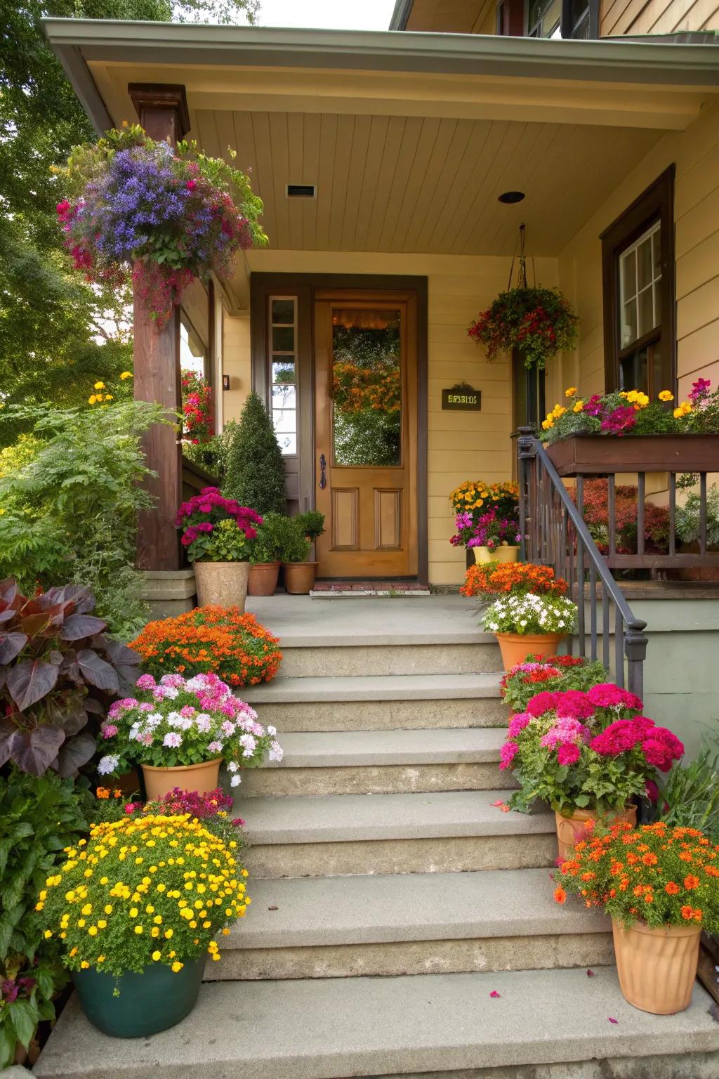 Botanicals introduce life and color to porch steps.