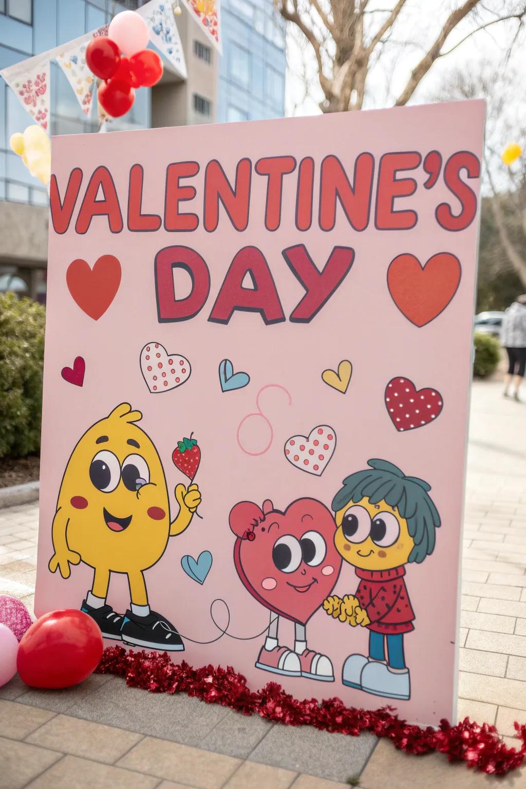 A fun Valentine's poster displaying humorous puns and lively cartoon figures.