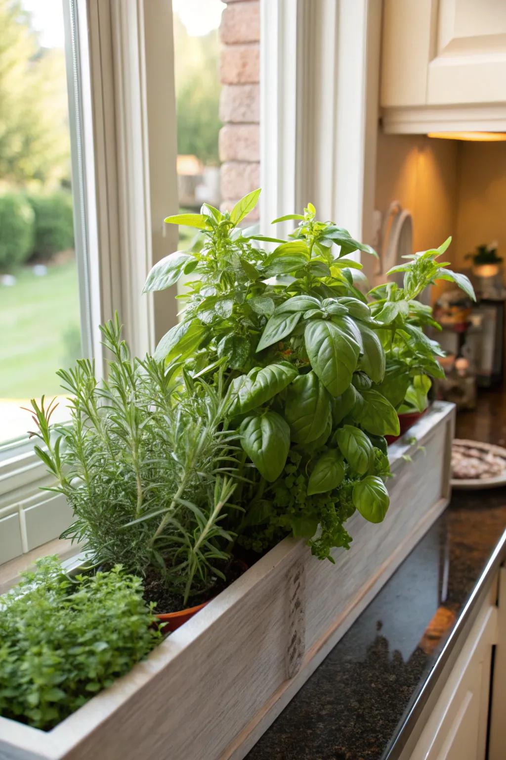 A window box overflowing with fresh herbs, a culinary delight.