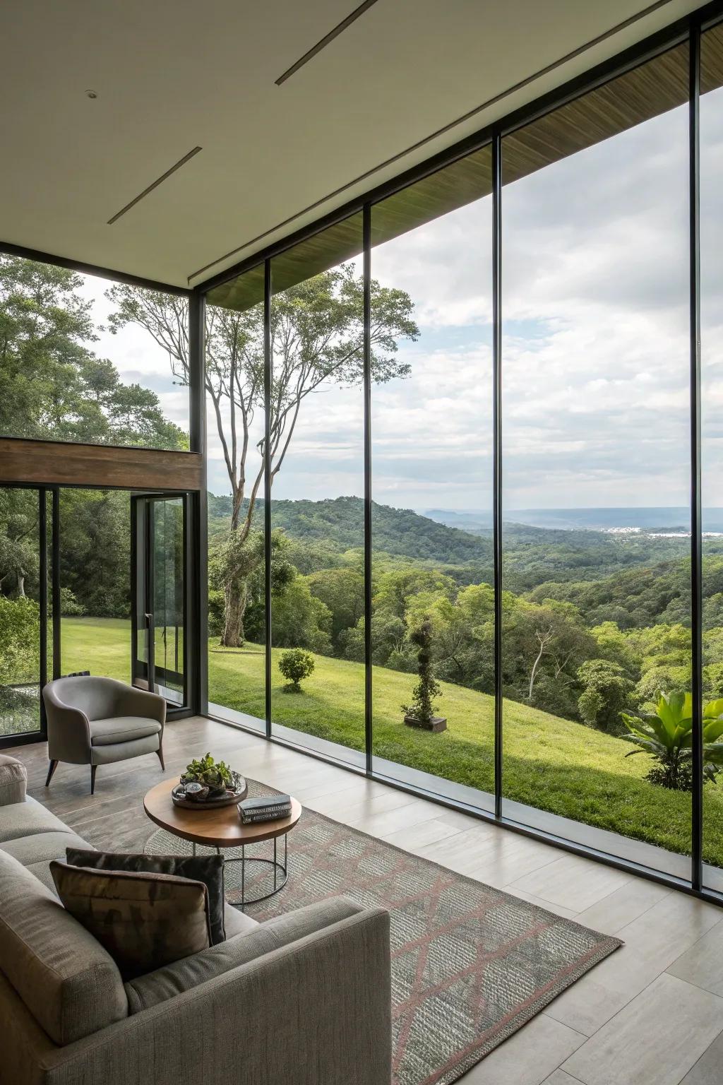 Floor-to-ceiling windows blur the line between indoors and outdoors.