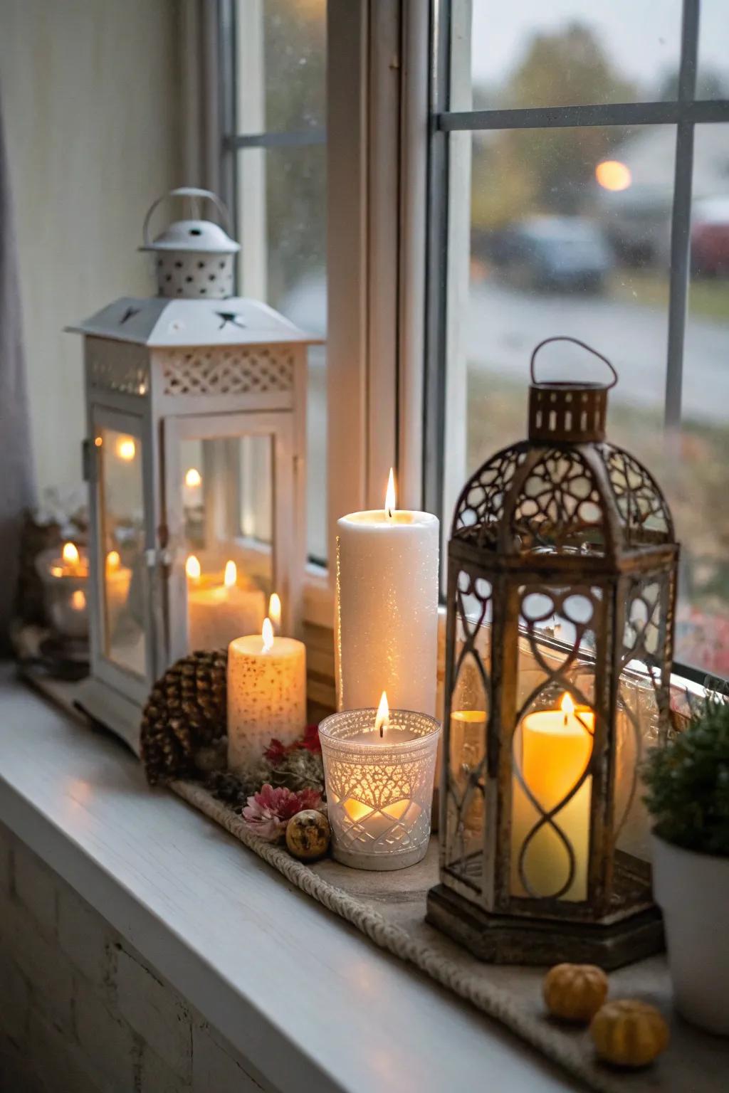 A window sill radiating warmth from the soft glow of candles and lanterns.