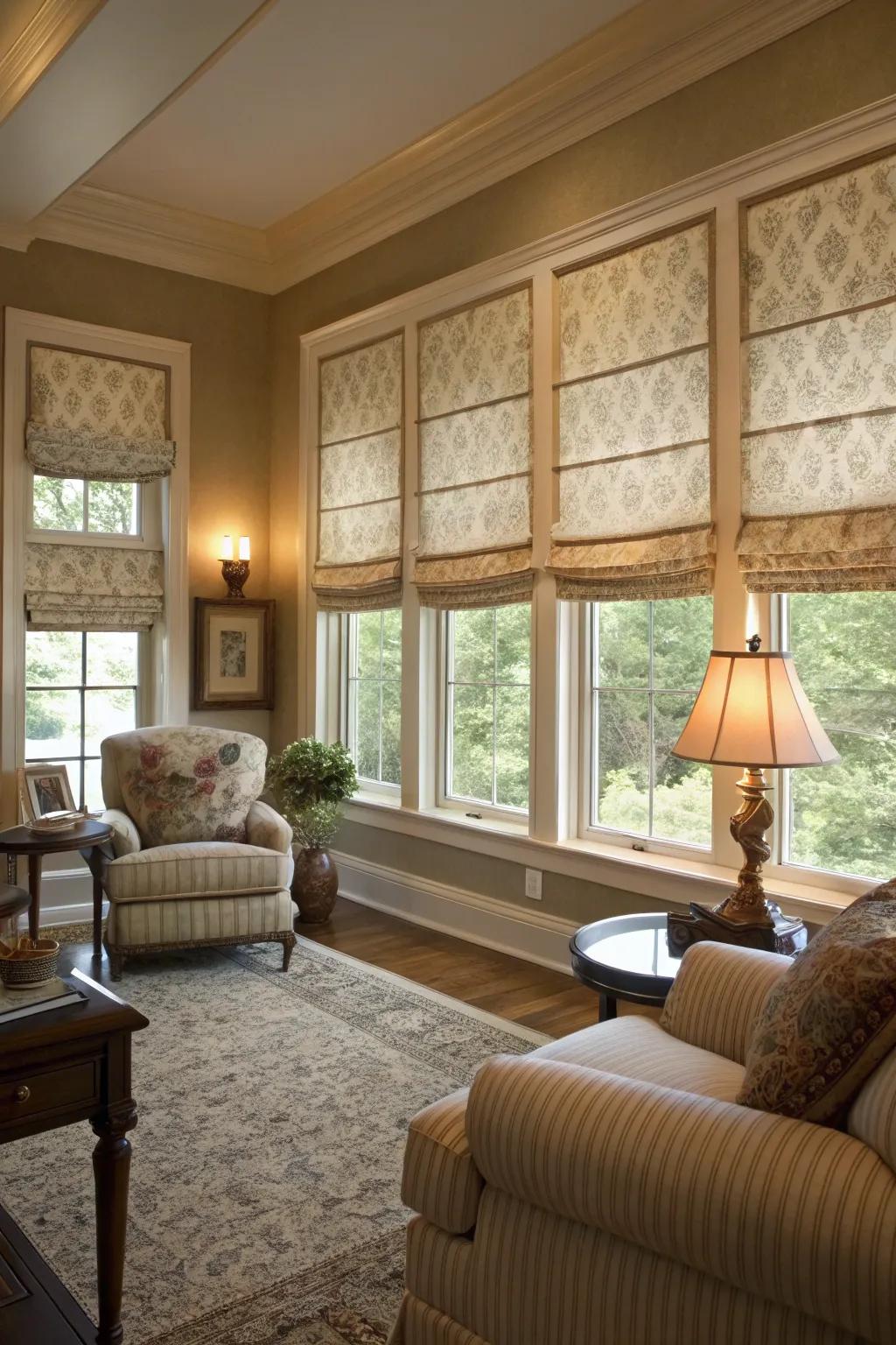 Fabric shades add refinement to any space featuring casement windows.