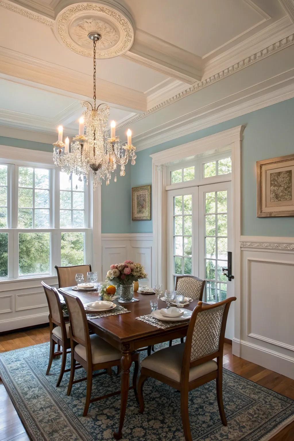 Pristine white trim beautifully frames the windows in a dining room.