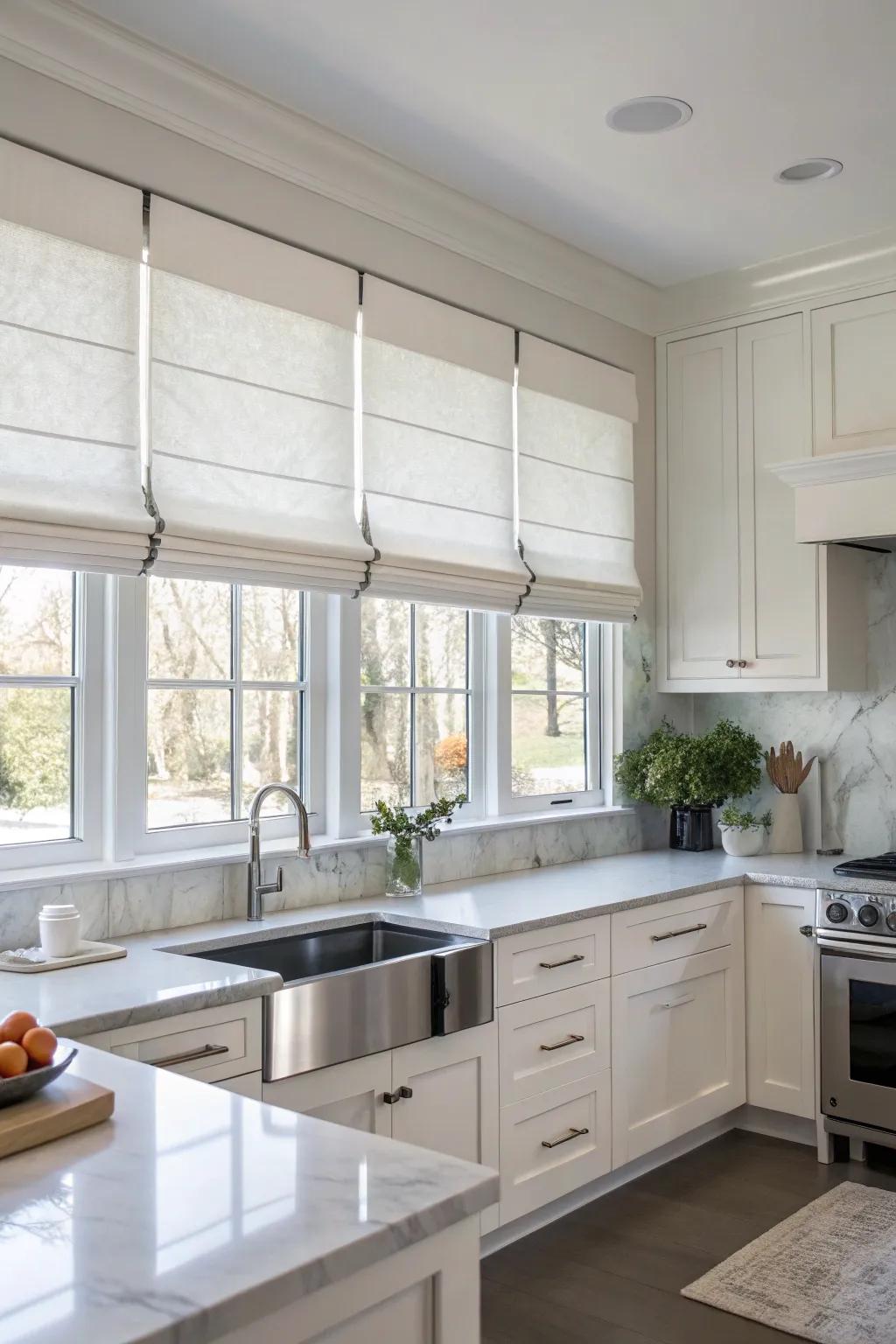 Roman blind valances present sophistication and practicality.
