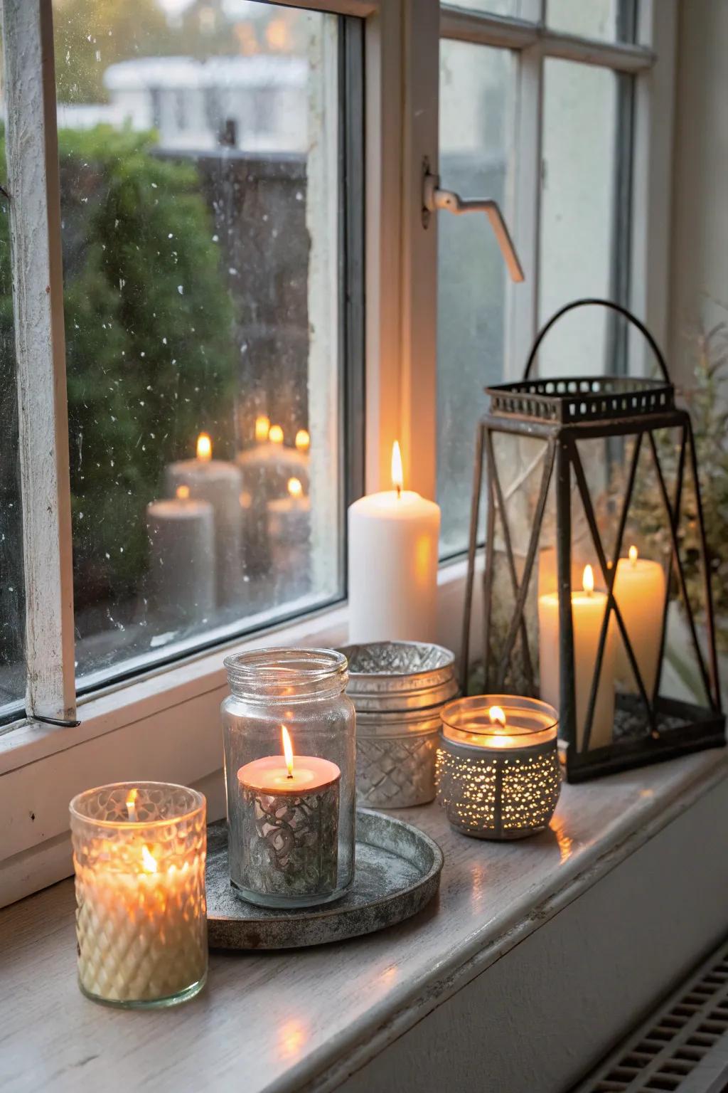 Candles positioned on the windowsill generate a calm and snug ambiance.