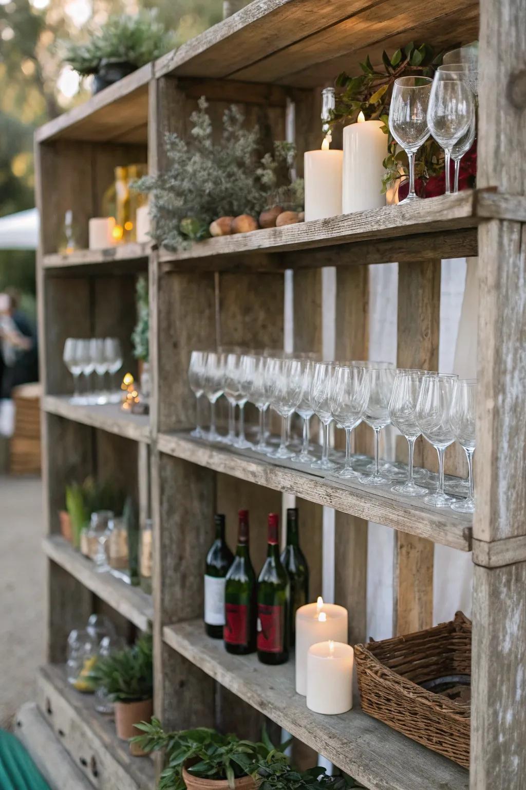 Rustic wooden shelves displaying an assortment of wine glasses.