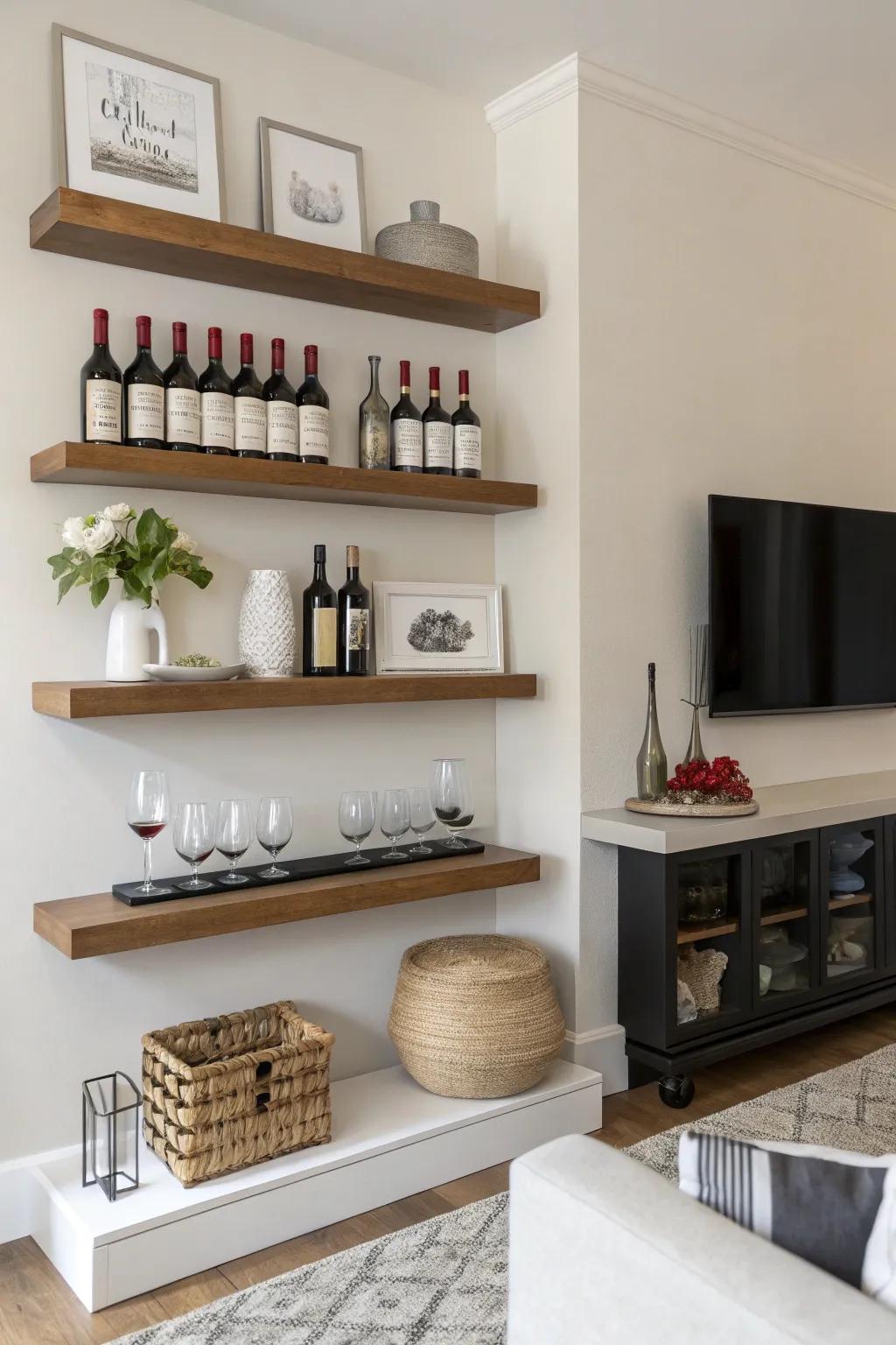 Minimalist floating shelves displaying wine bottles elegantly.