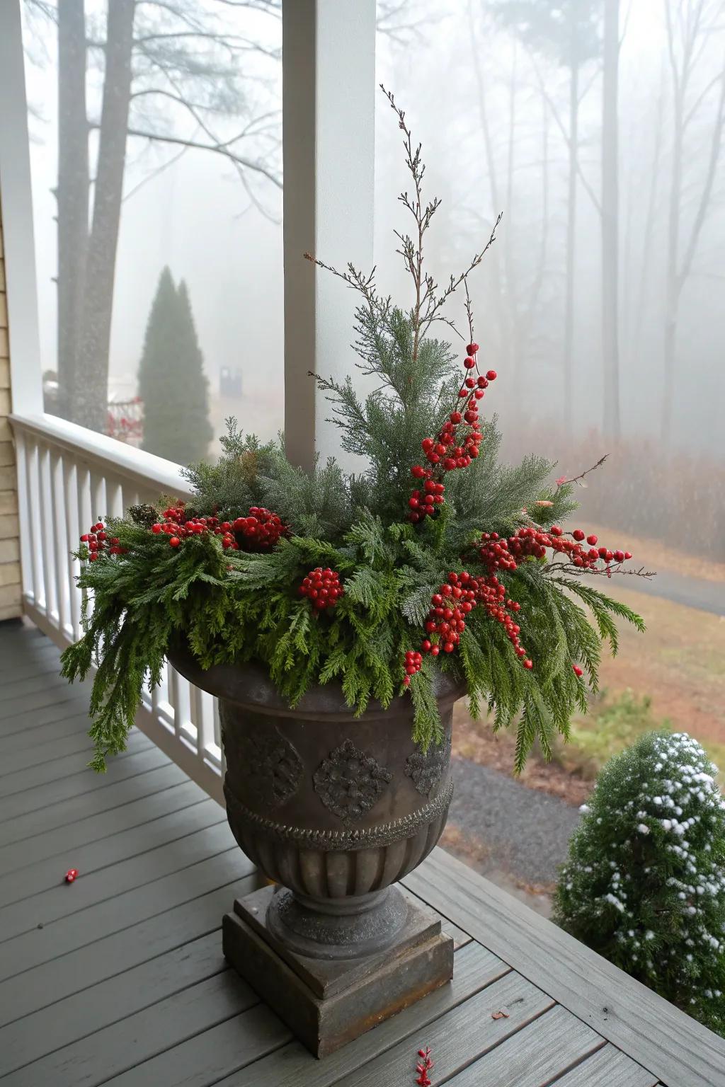 Red berries provide a vibrant burst of color against winter greenery.