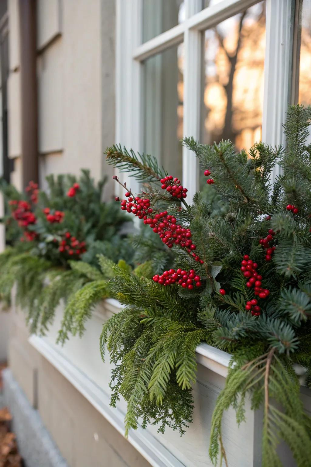 Red berries stand out against the lush greenery in this festive window box.