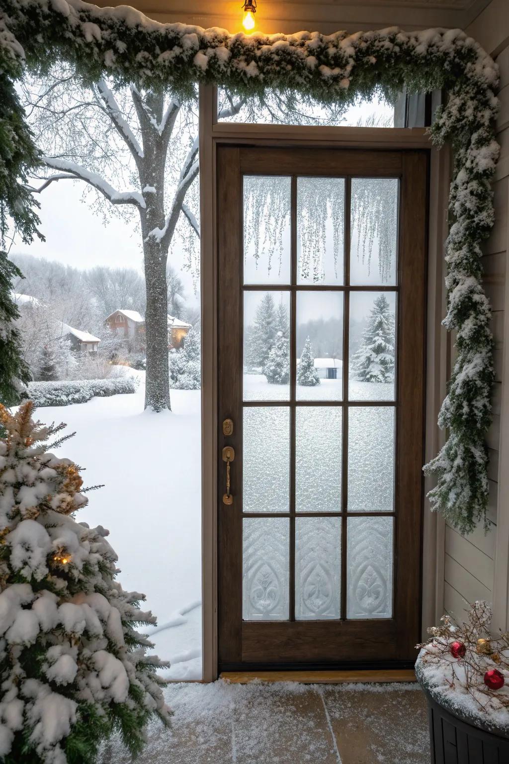 Frosted panes evoke a tranquil winter ambiance.