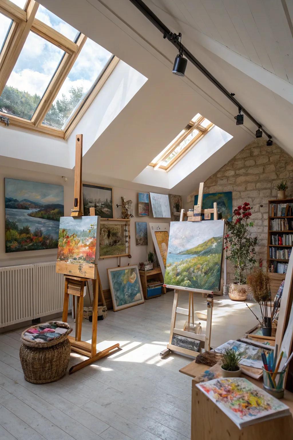 A motivating and calm art-focused workroom drenched in sunshine.