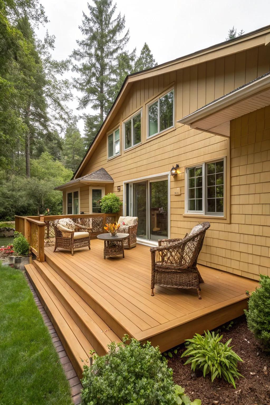 The radiant charm of a honey-toned deck intensifies the coziness of a beige house.
