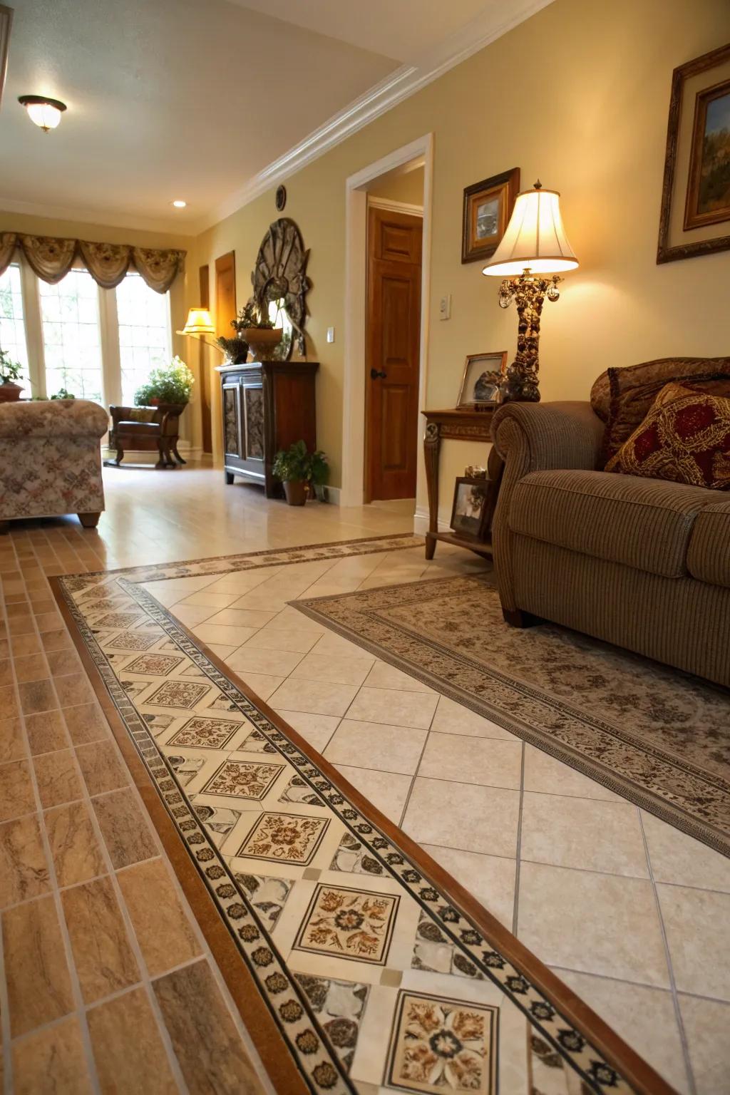 A living room beautifully combines tile and wood flooring with a classic border transition.