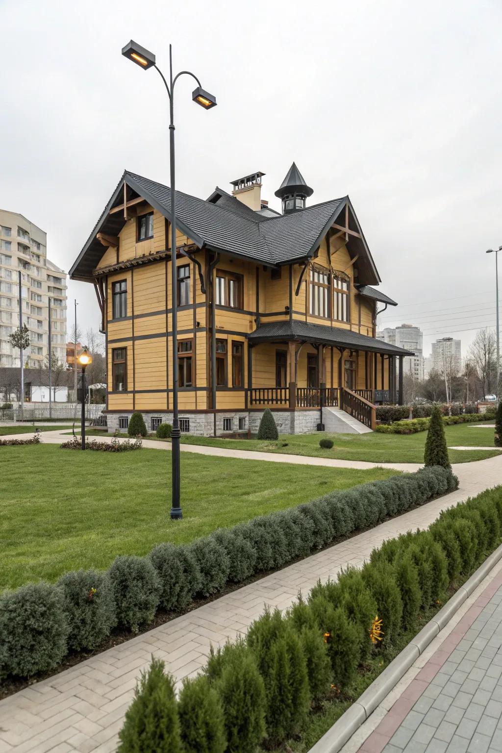 A contemporary wood-clad residence showcasing a dramatic contrast between dark trim and light walls.