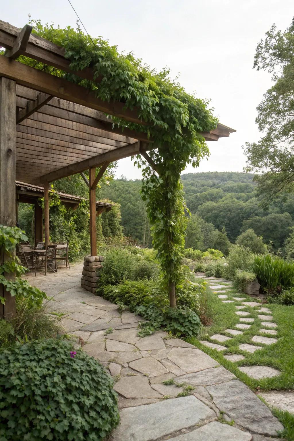 A wooden patio nestled in a verdant garden.
