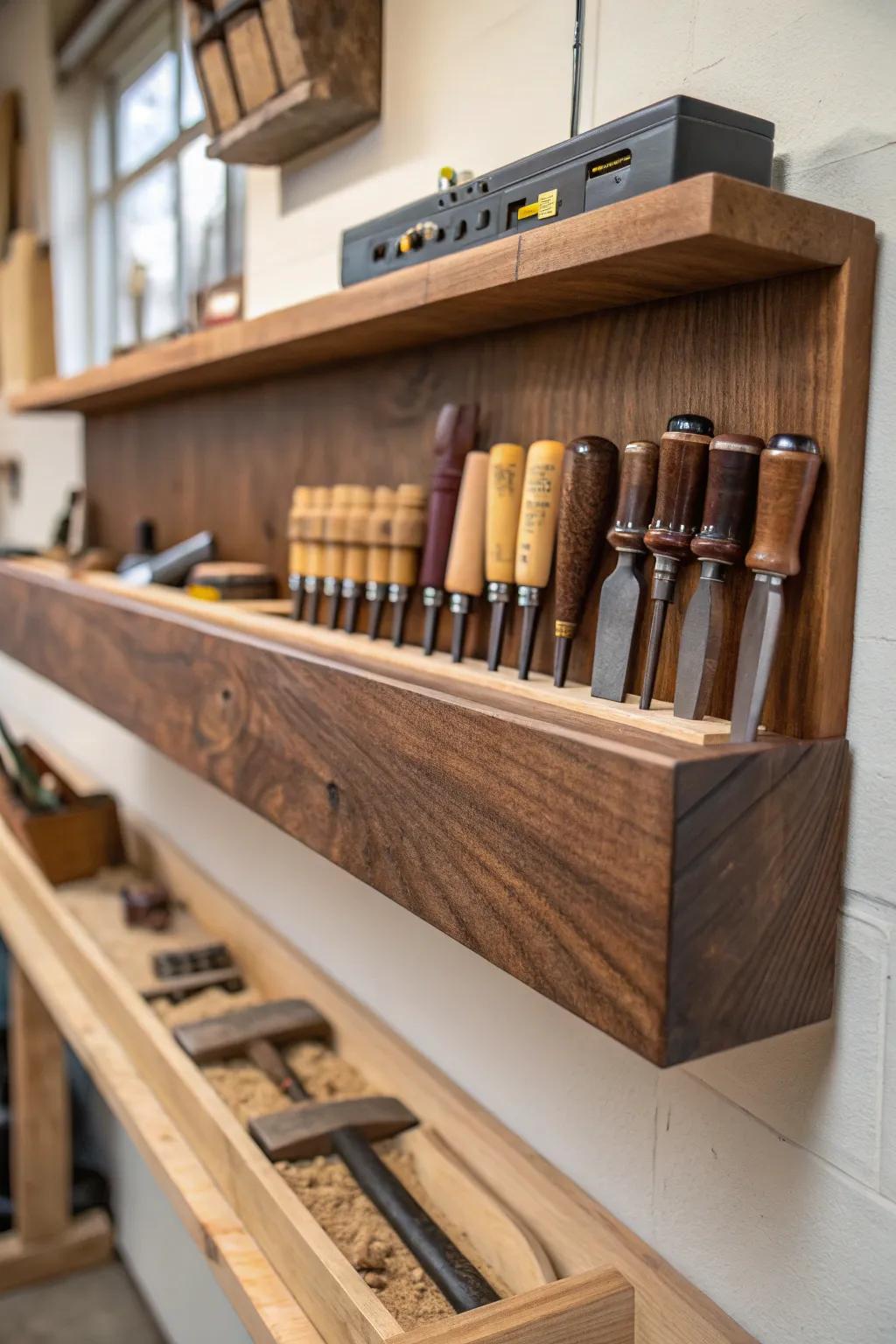 Maximize your crafting area with graceful suspended tool racks, seamlessly merging practicality with visual appeal.