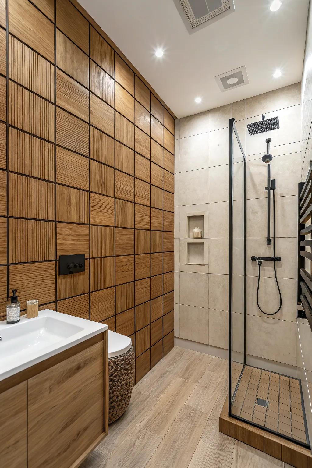 A modern bathroom using box wood panels to highlight the area.