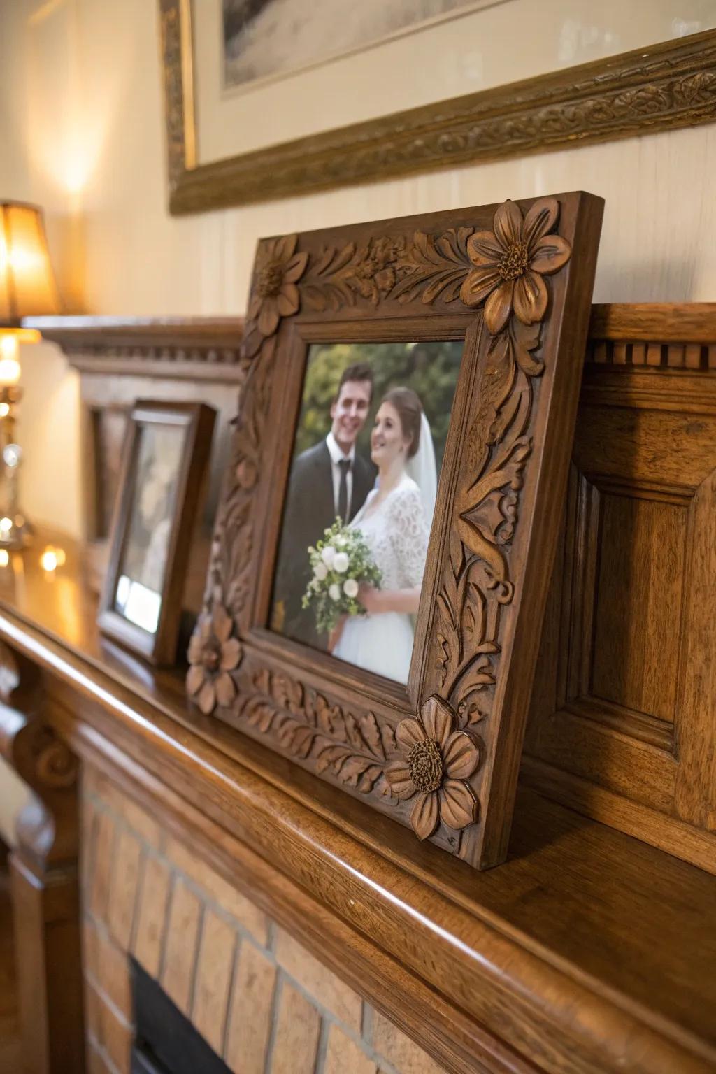 A customized wooden display frame to accentuate a remarkable wedding moment.