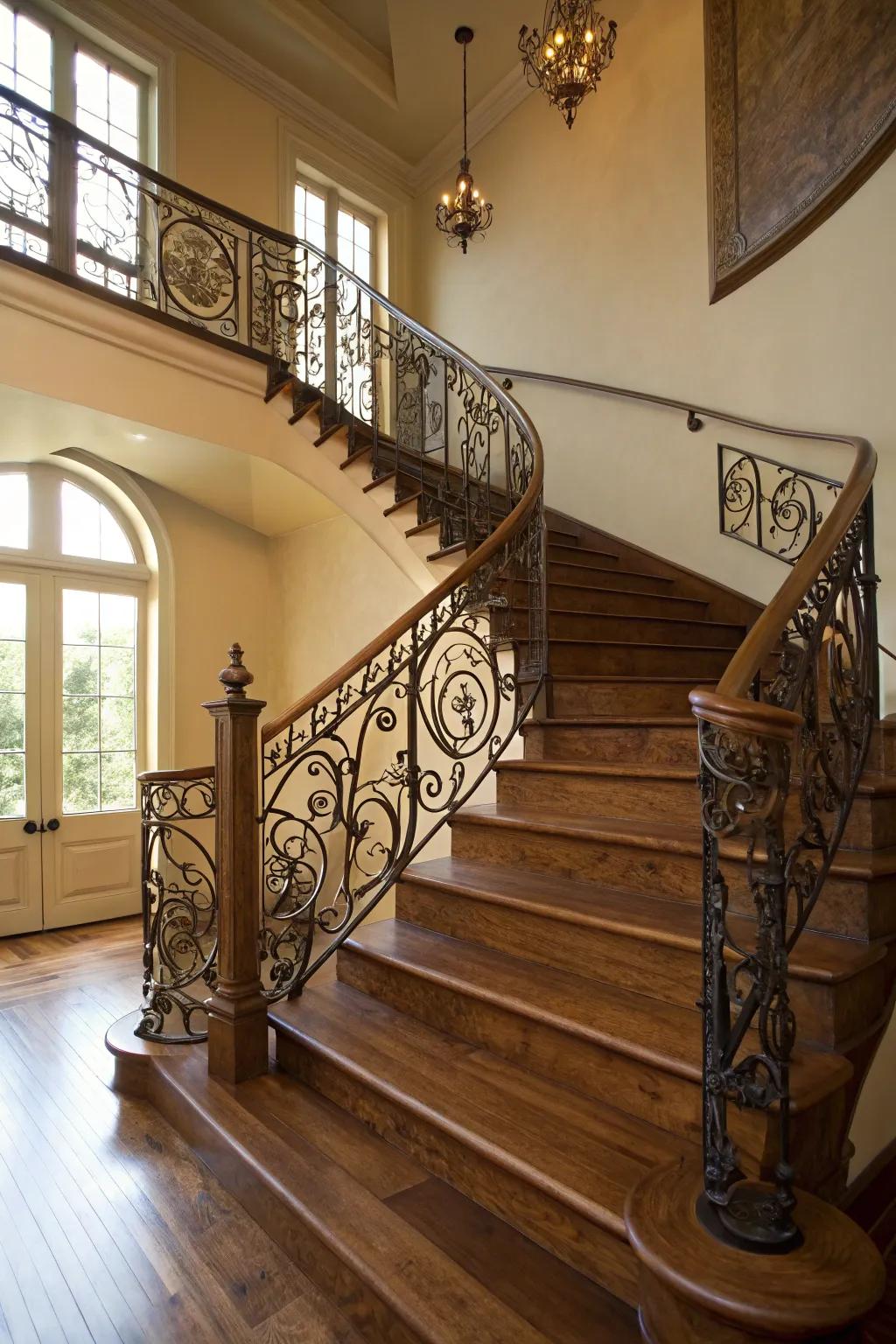 Forged iron banisters inject a sense of luxury into any stairway.
