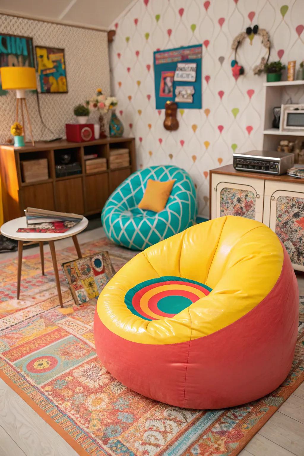 Retro furniture, such as air-filled seats, is essential for a room influenced by the Y2K era.