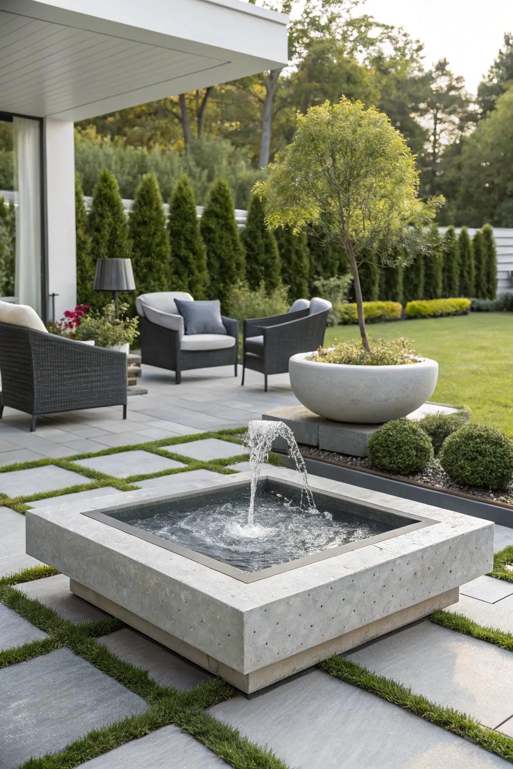 A sleek, modern fountain adding a touch of elegance to a contemporary patio.