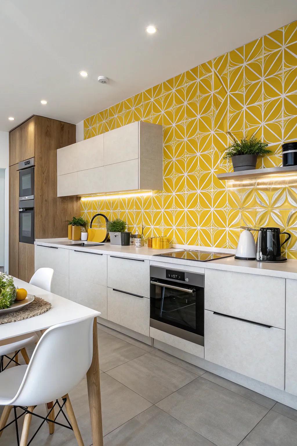 Geometric designs add a playful accent to this goldenrod backsplash.