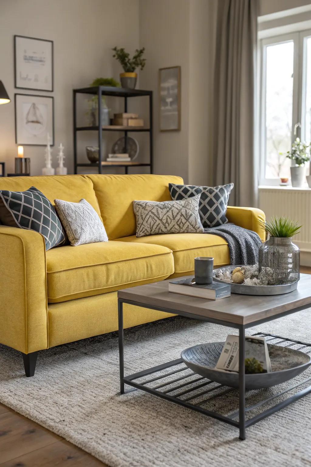 A vibrant living space with a yellow settee as the centerpiece.