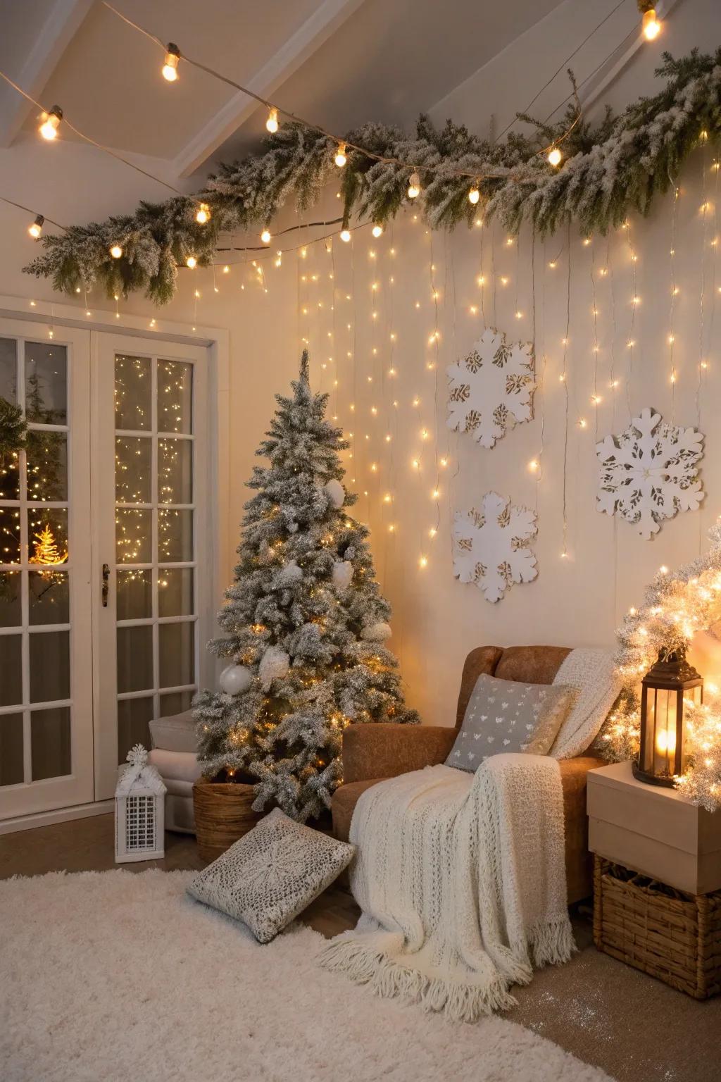 A winter wonderland theme filled with snow-like decorations and cozy vibes.