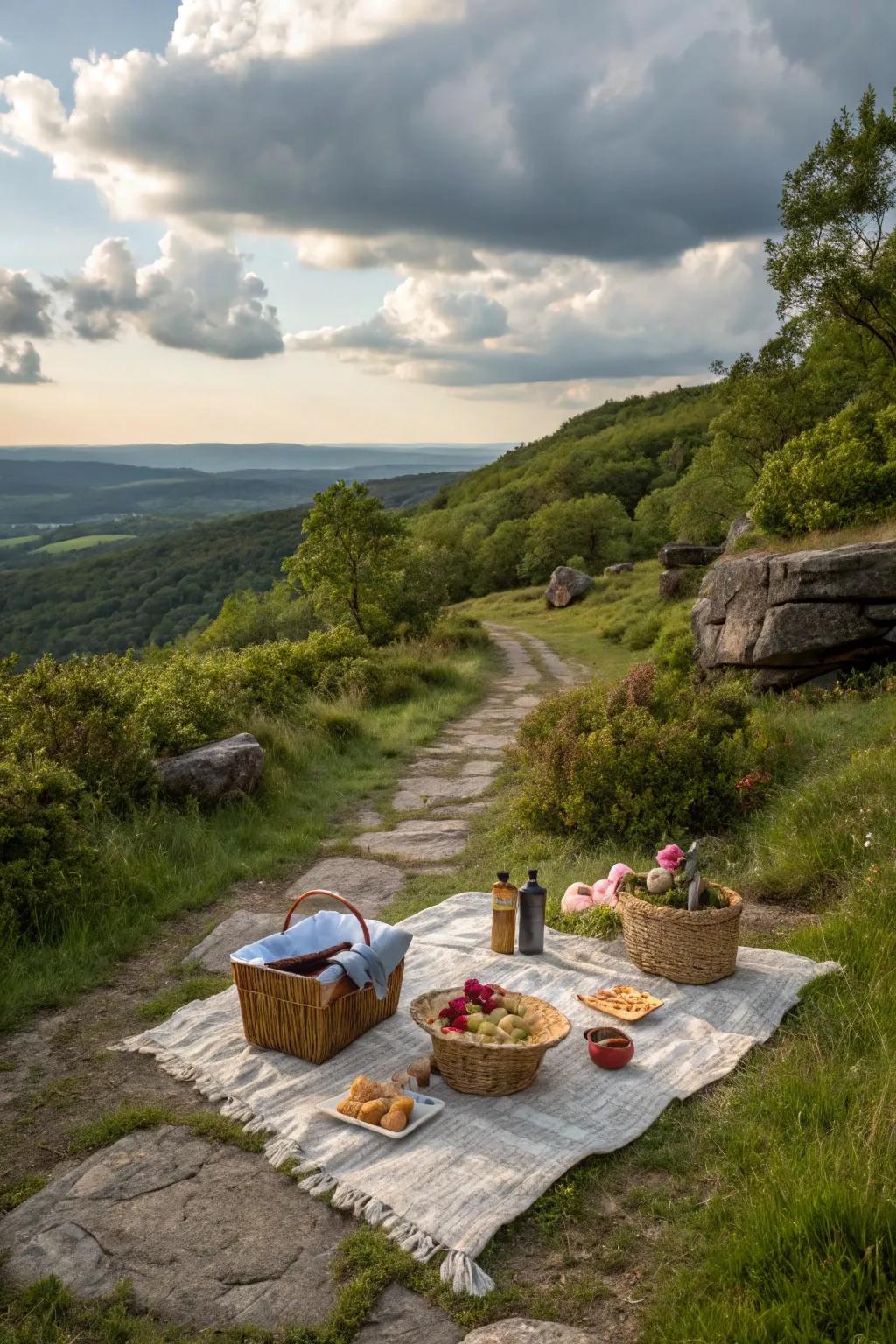 A soothing nature hike and picnic arrangement within a scenic area.