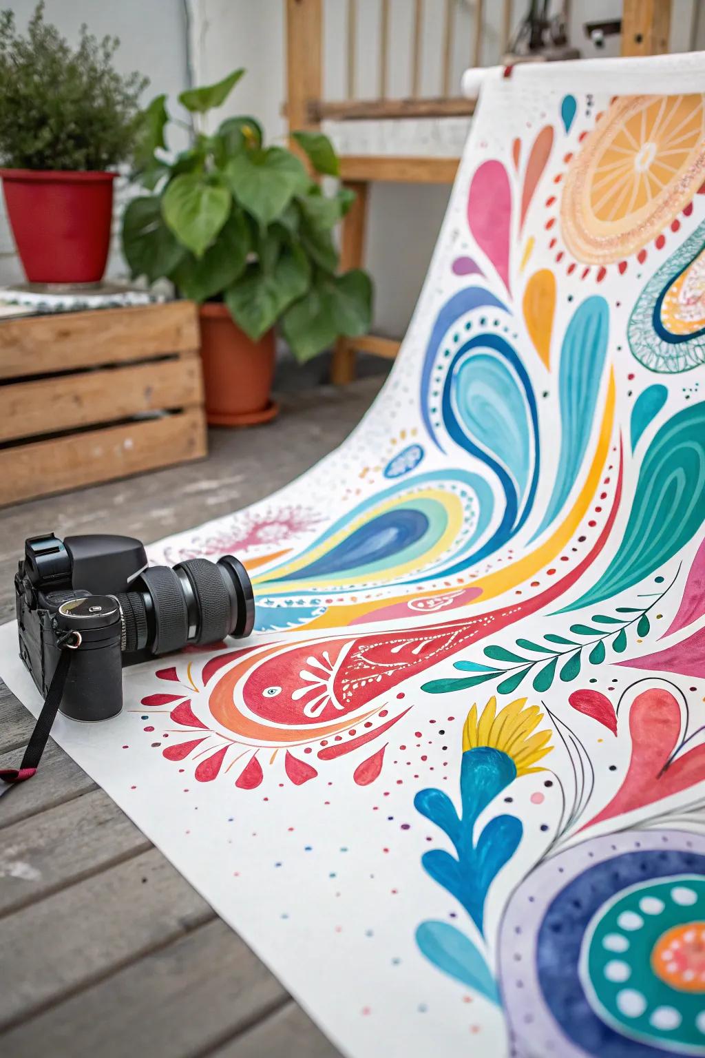 An abstract watercolor featuring playful abstract patterns.